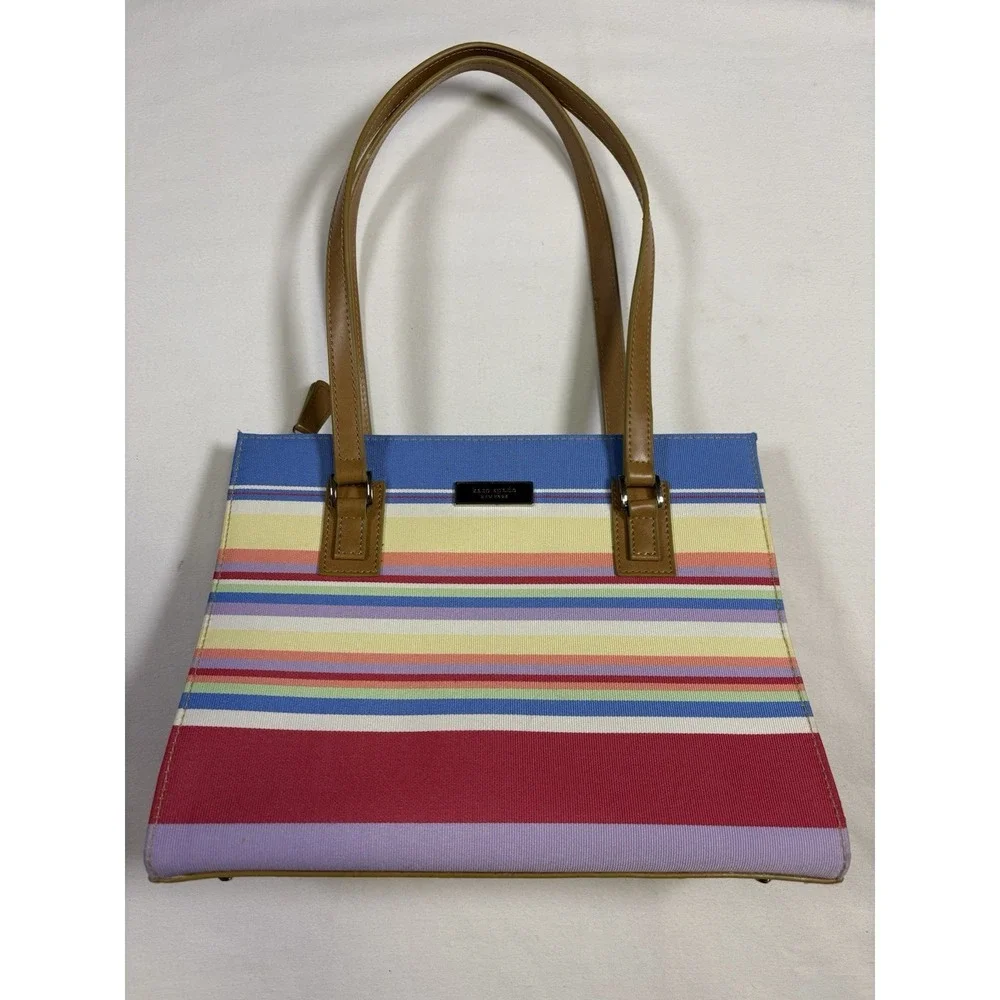 Vintage Kate Spade Sam Tote Bag Striped Canvas Rainbow Shoulder Purse Y2K 90s